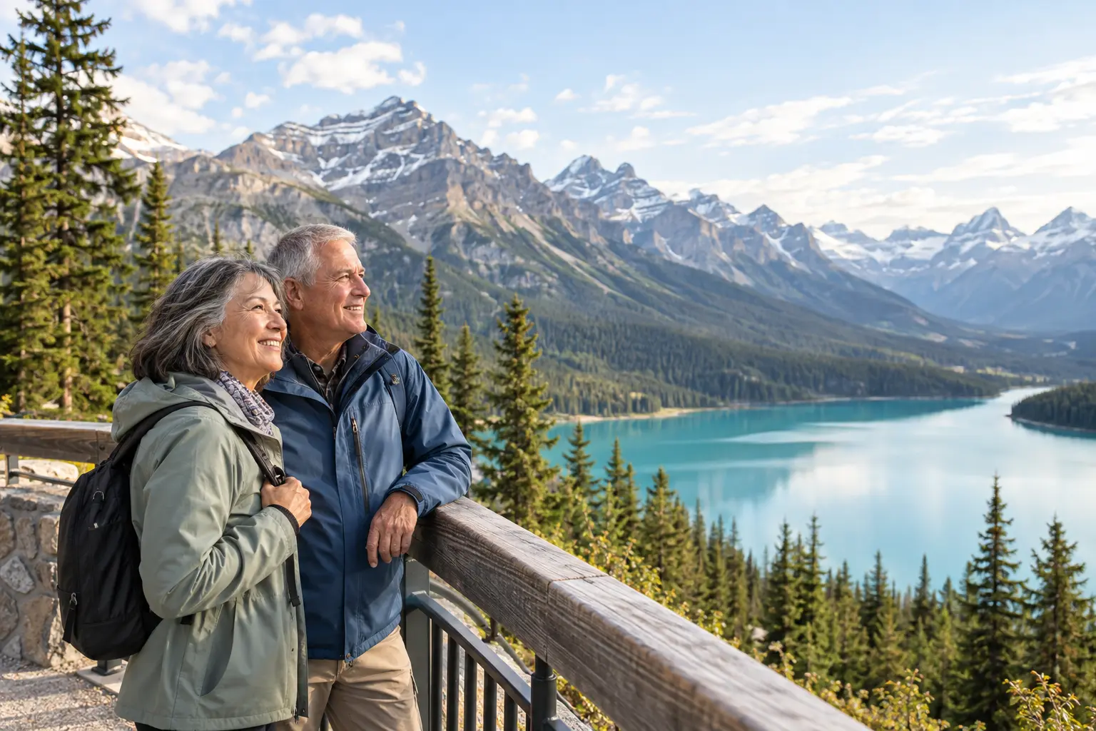 Senior travellers enjoying a comfortable Canadian Rockies viewpoint